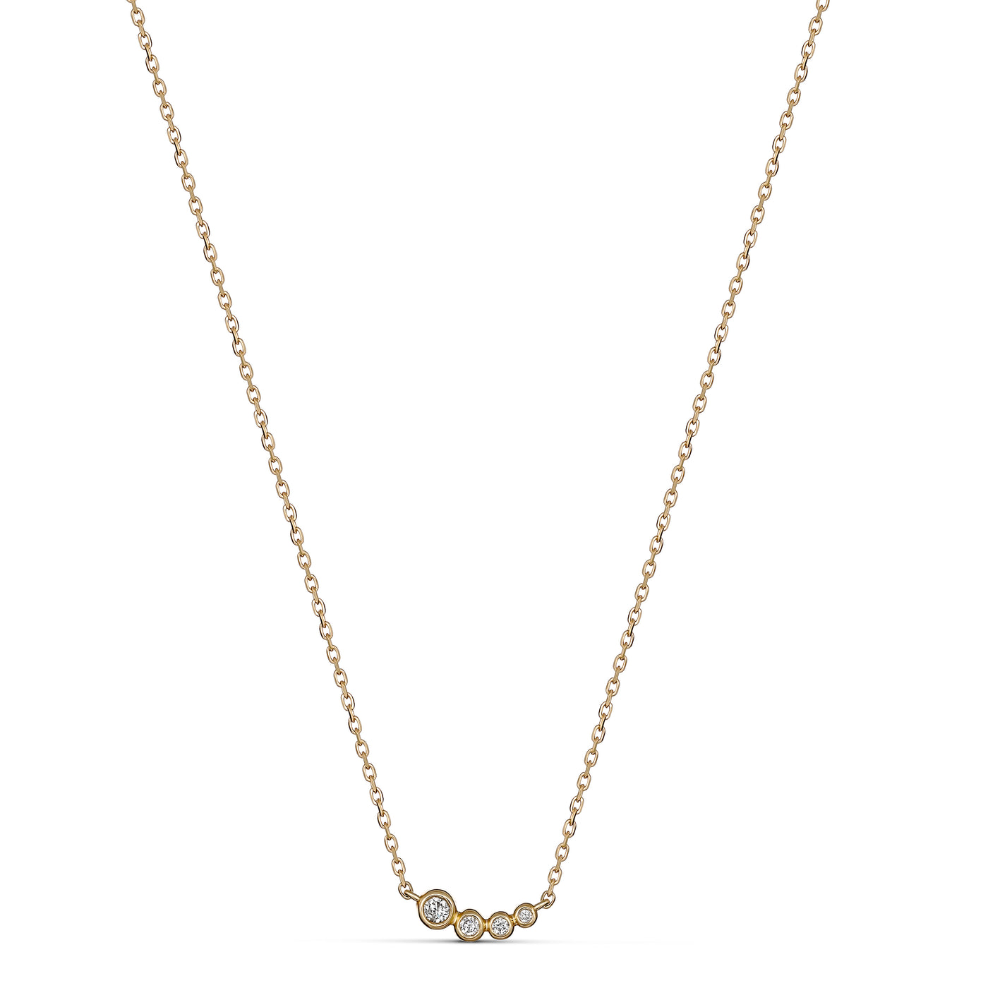 9ct gold bezel set diamond necklace featuring 4 graduating bezel set diamonds.