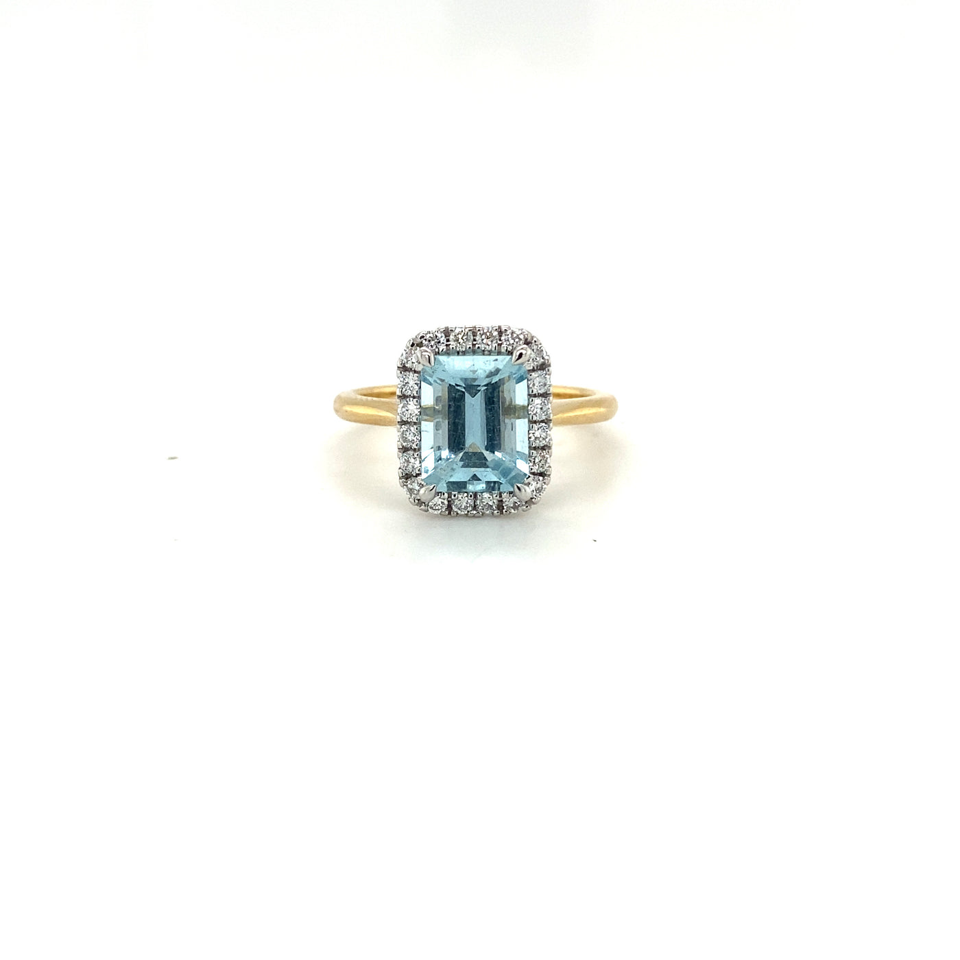 9ct emerald cut fine grade aquamarine and eco diamond halo ring