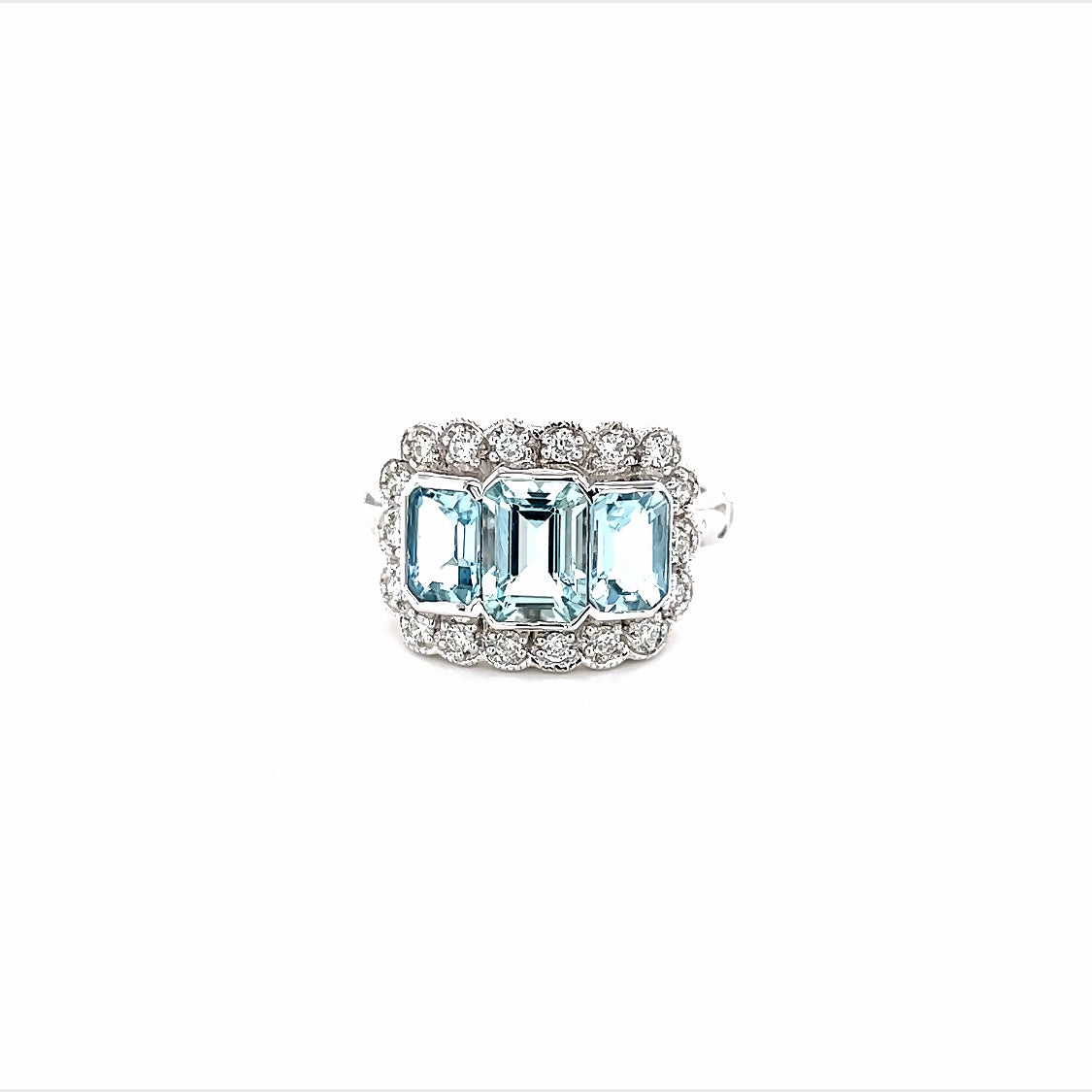 9ct 3 stone aquamarine ring surrounded by diamonds