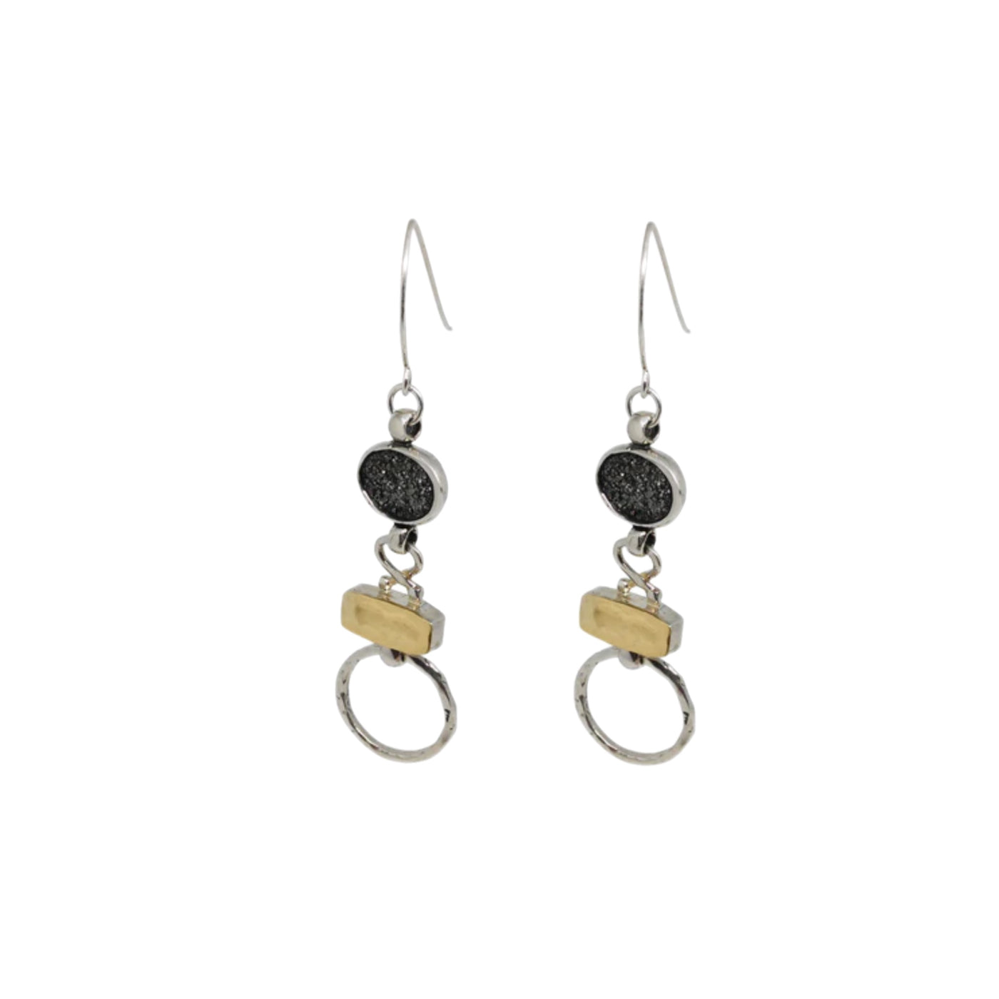 Sterling silver and 9ct yellow gold handcrafted Israeli drop earrings set with drusy gem