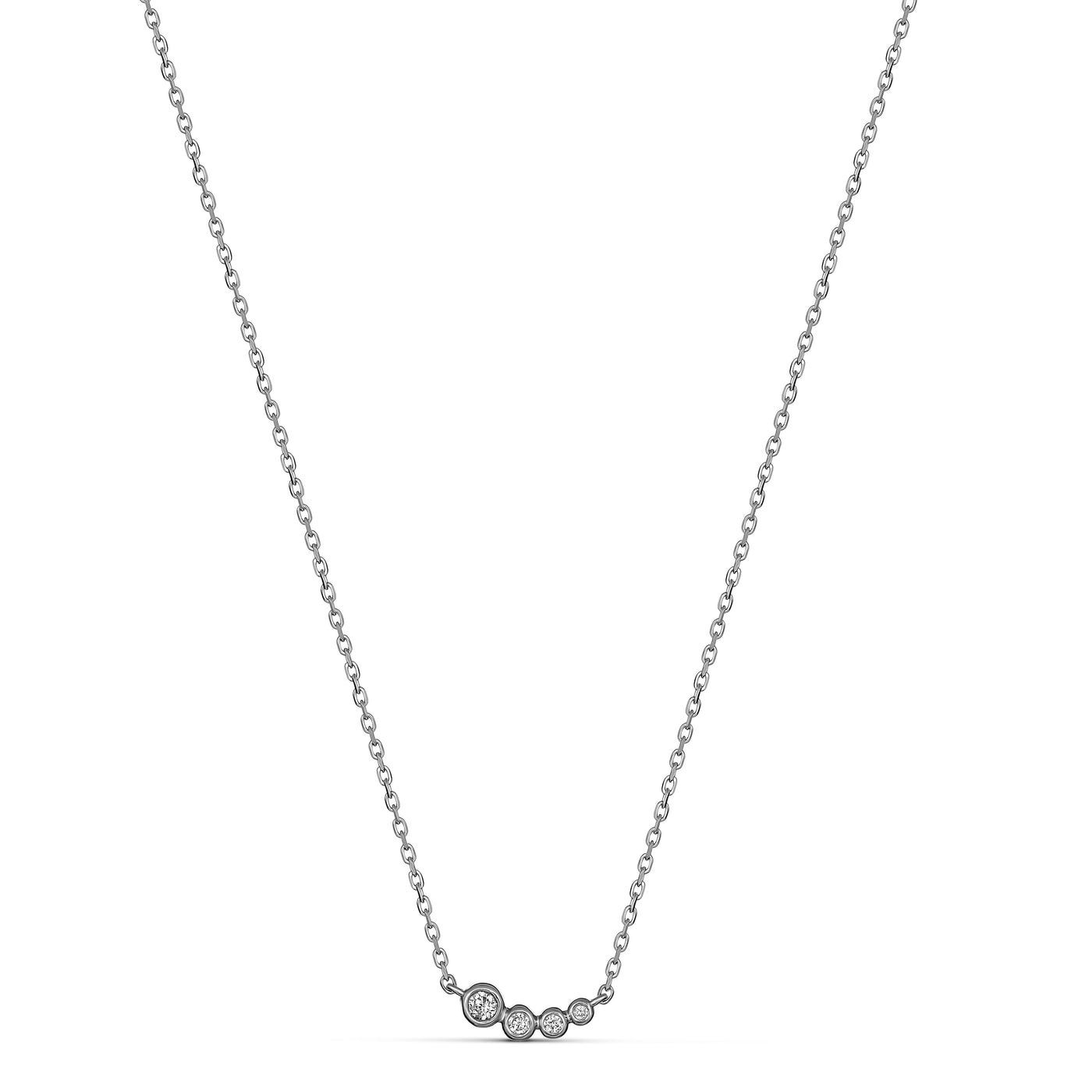 9ct gold bezel set diamond necklace featuring 4 graduating bezel set diamonds.