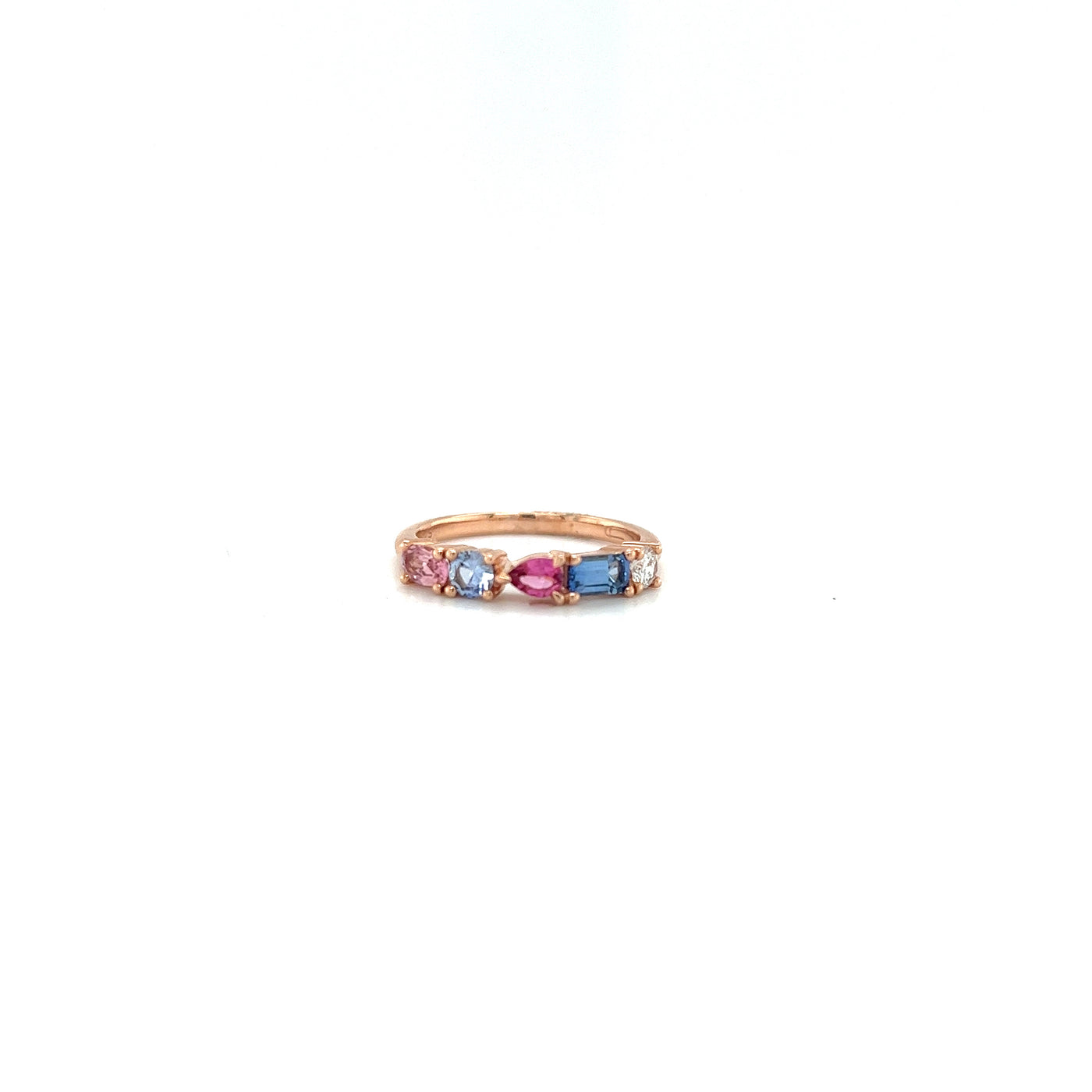 9 carat rose gold fairy ring with pink sapphire, apricot sapphire, tanzanite, aquamarine and grown diamond