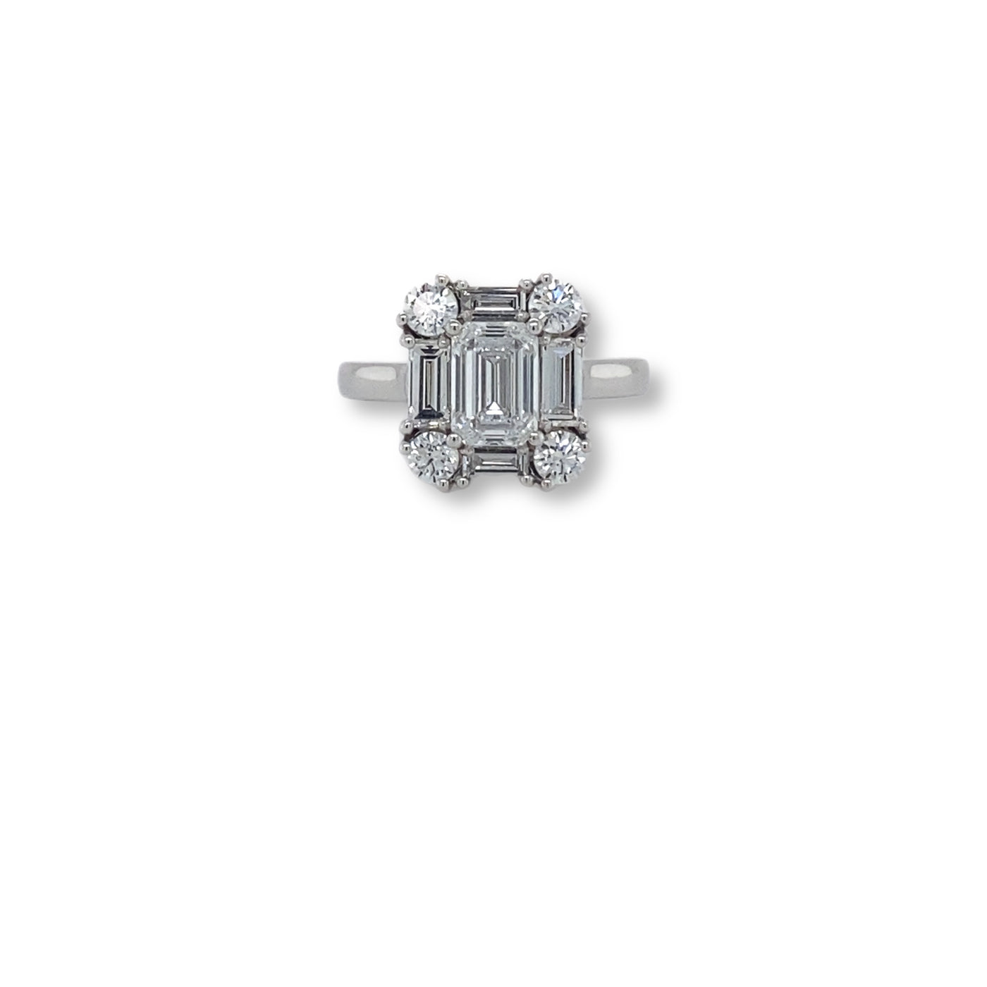 White Gold Emerald Cut and Round Brilliant Cut Eco Diamond Ring