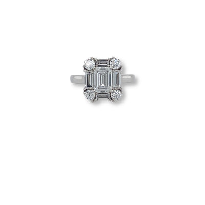 White Gold Emerald Cut and Round Brilliant Cut Eco Diamond Ring