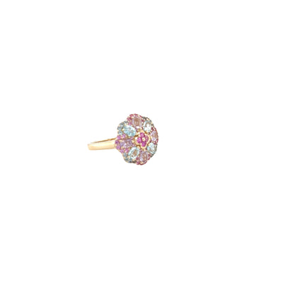 9 carat yellow gold ring with pink sapphires, amethyst and blue topaz.
