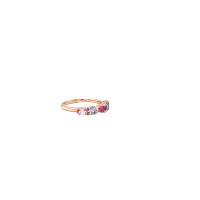 9 carat rose gold fairy ring with pink sapphire, apricot sapphire, tanzanite, aquamarine and grown diamond