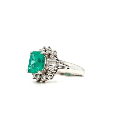 Platinum Emerald Cut Columbian Emerald and Diamond Ring