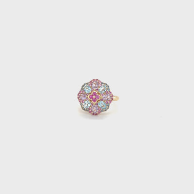 9 carat yellow gold ring with pink sapphires, amethyst and blue topaz.