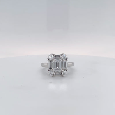White Gold Emerald Cut and Round Brilliant Cut Eco Diamond Ring