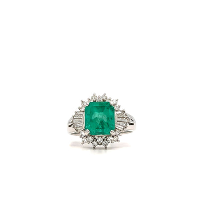Platinum Emerald Cut Columbian Emerald and Diamond Ring