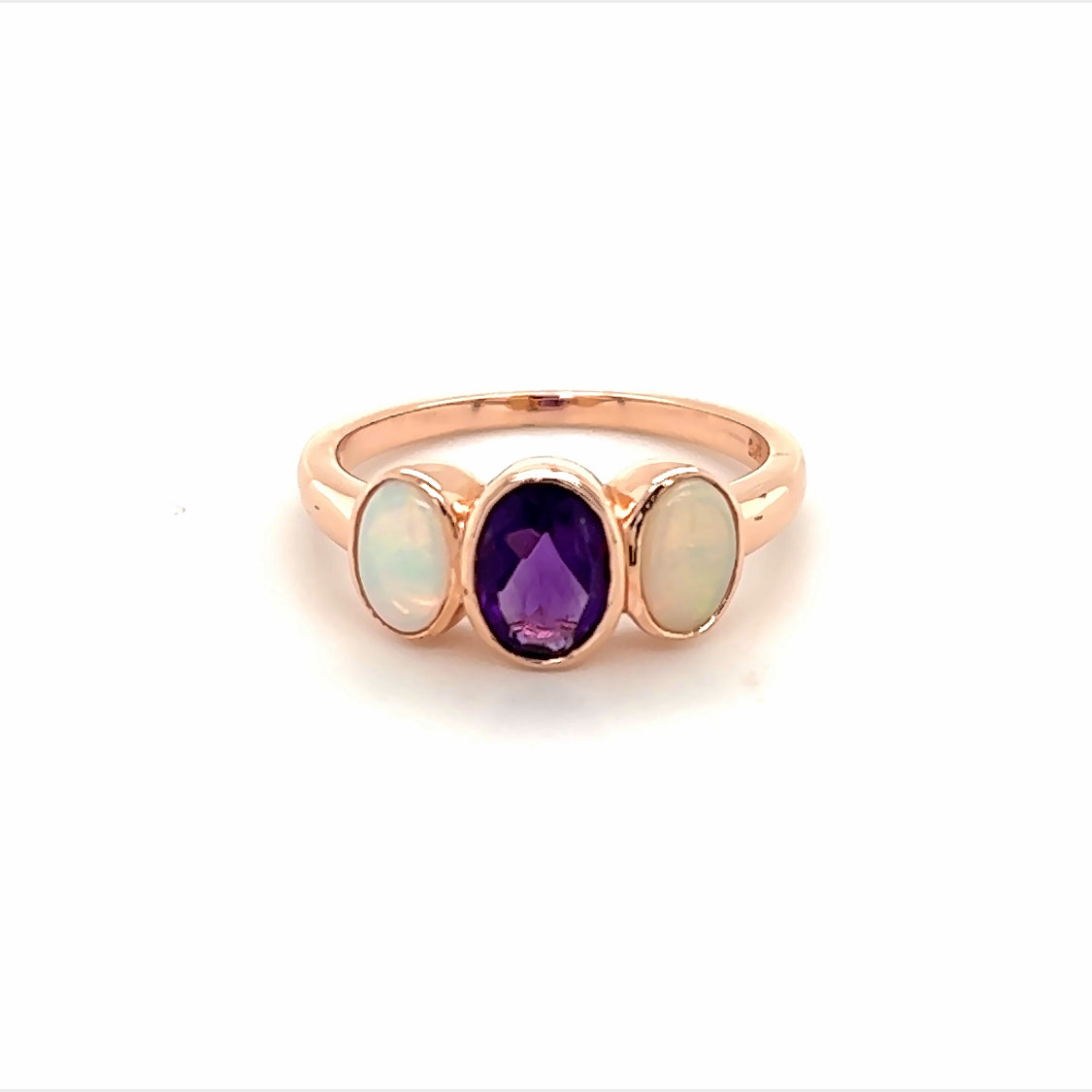 9ct amethyst and opal  3 stone ring