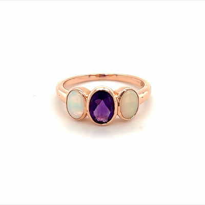 9ct amethyst and opal  3 stone ring