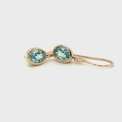 9ct yellow gold bezel set oval paraiba moissanite drop earrings video