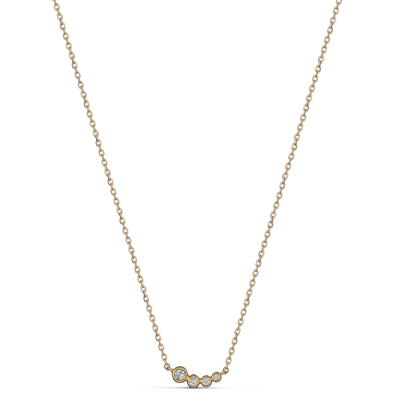 9ct gold bezel set diamond necklace featuring 4 graduating bezel set diamonds.