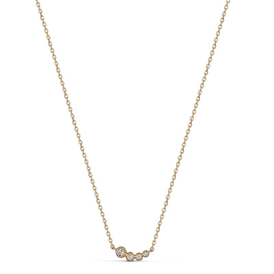 9ct gold bezel set diamond necklace featuring 4 graduating bezel set diamonds.