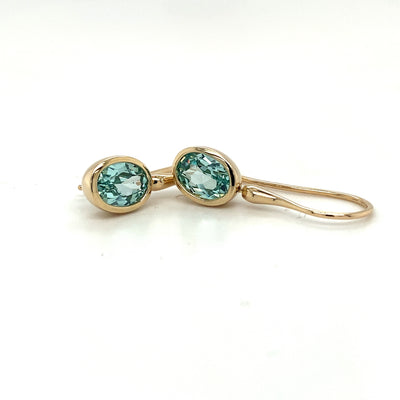 9ct yellow gold bezel set oval paraiba moissanite drop earrings