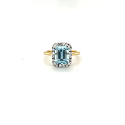 9ct emerald cut fine grade aquamarine and eco diamond halo ring