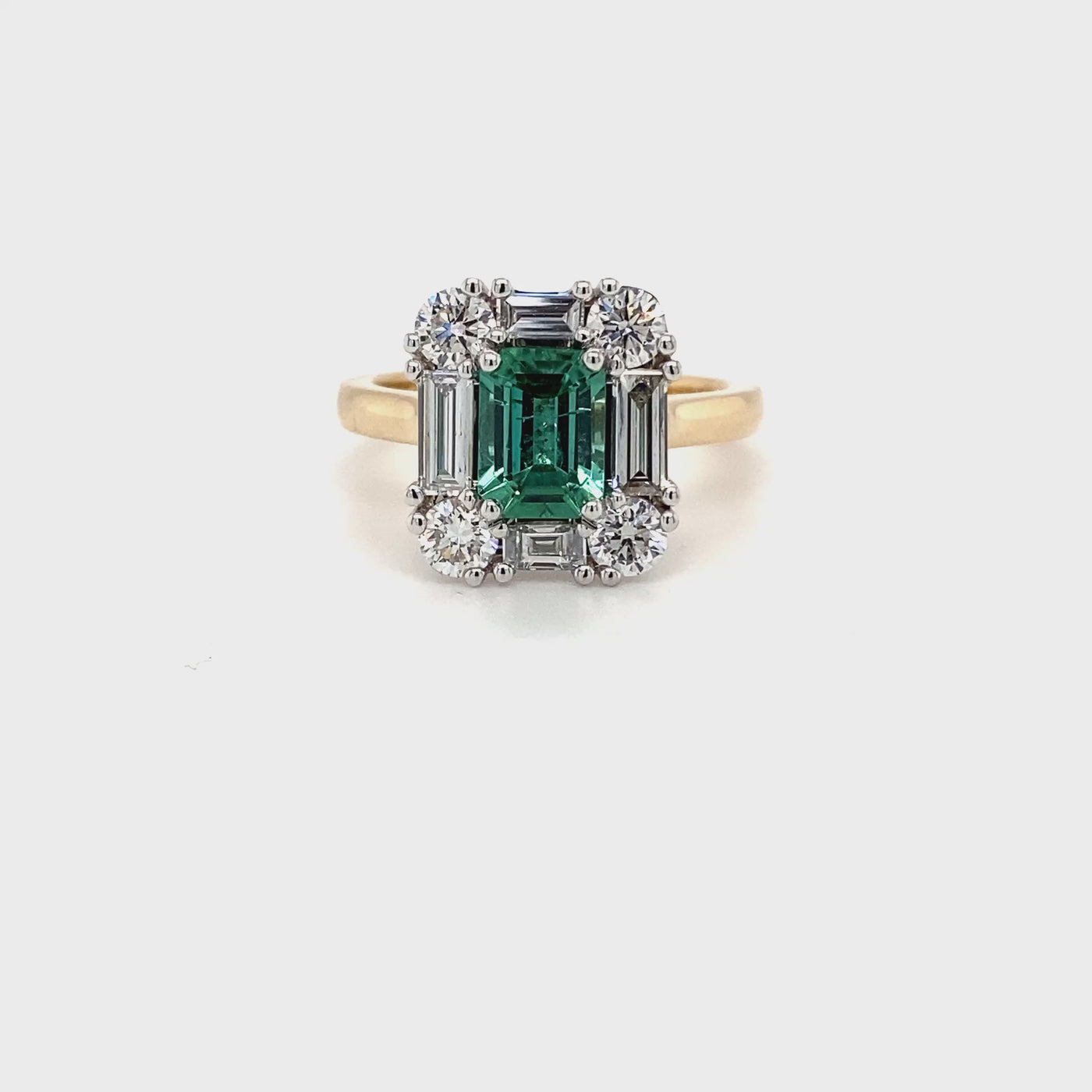 9ct yellow gold lgoon tourmaline and baguette and round diamond ring video