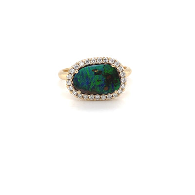 9ct yellow gold freeform opal and diamond halo ring