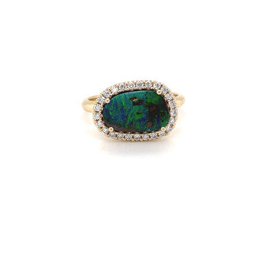9ct yellow gold freeform opal and diamond halo ring