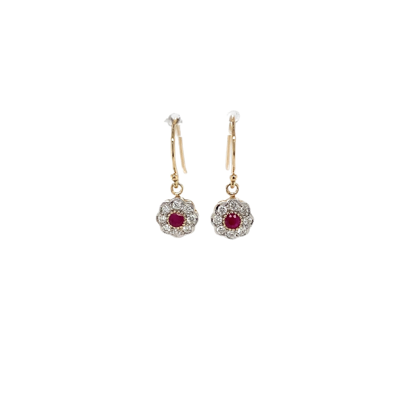 9ct yellow/white gold floral style natural ruby and natural diamond drop earrings
