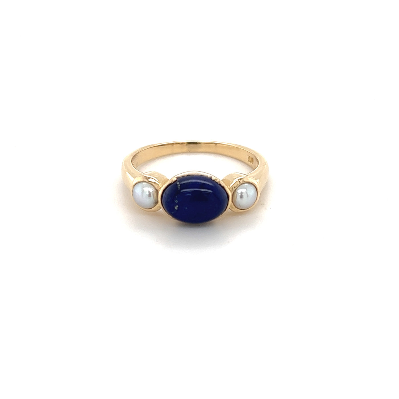 9ct cabachon lapis with 2 pearl trilogy ring