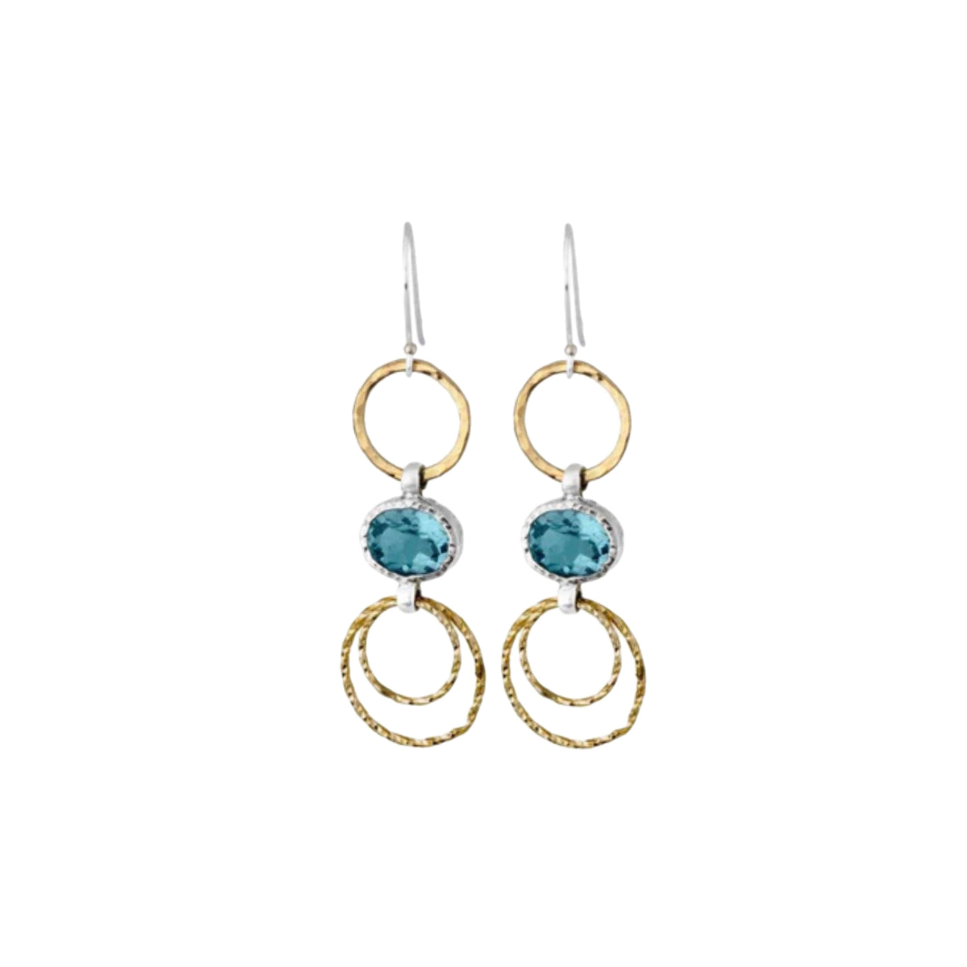 Sterling silver and gold filled handcrafted Israeli drop earrings set with blue topoz