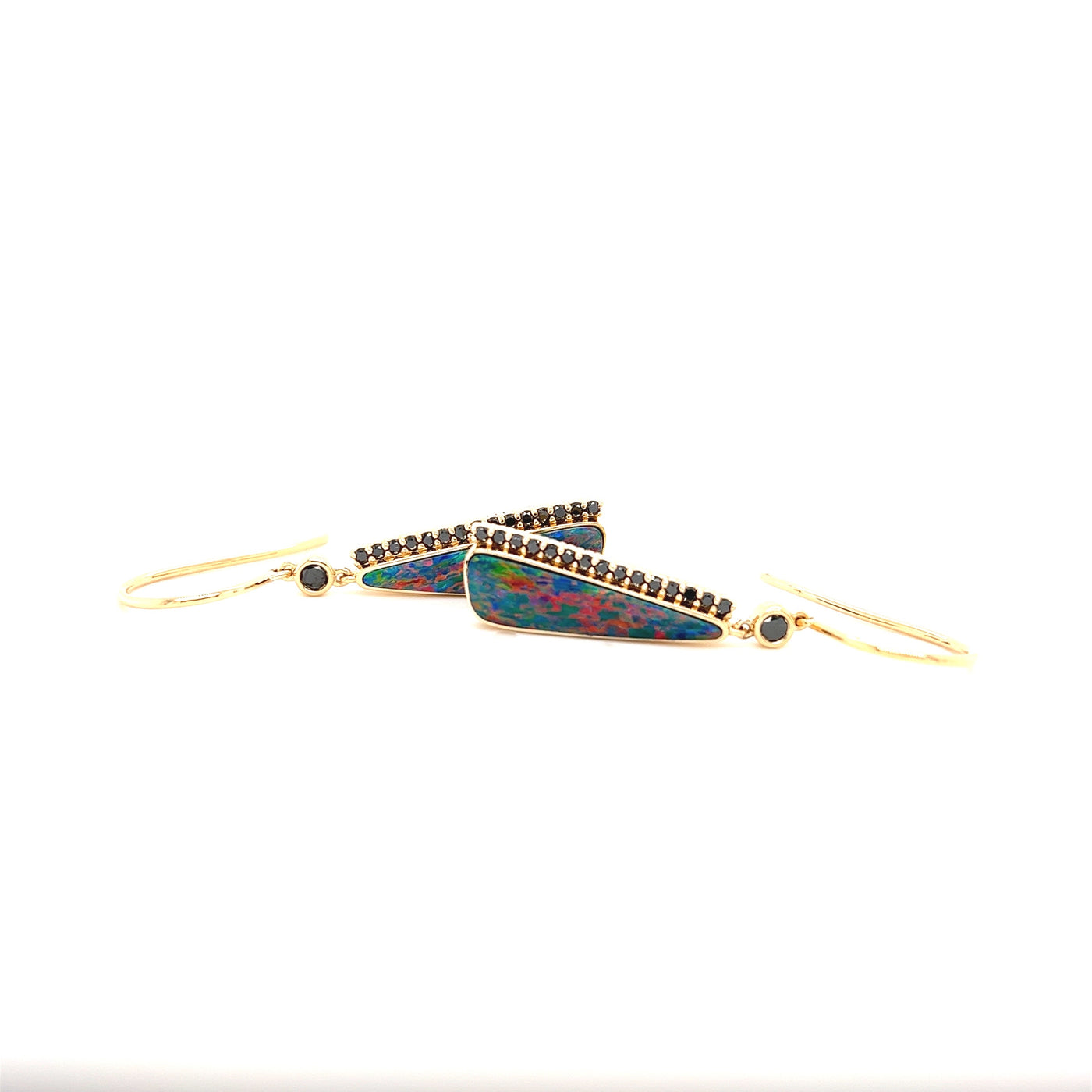 9ct yellow gold freeform opal drop earrings accented with natural black diamonds.