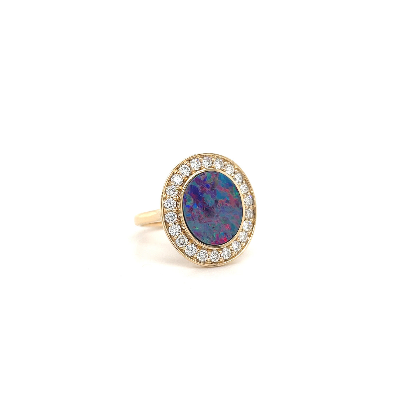 9ct yellow gold opal doublet and eco diamond ring