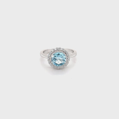 9ct white gold sky blue topaz and diamond halo ring video