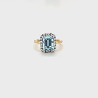 9ct emerald cut fine grade aquamarine and eco diamond halo ring