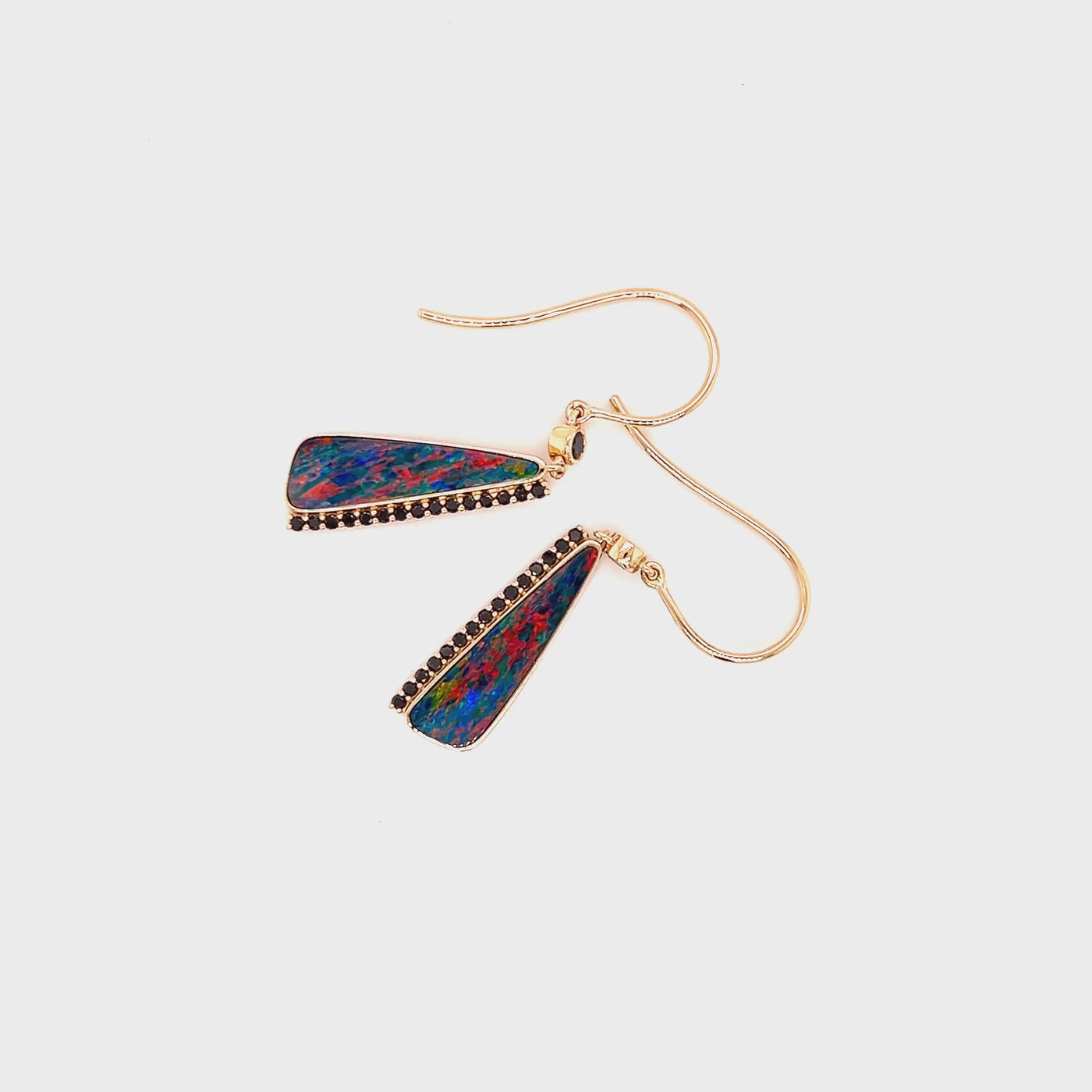 9ct yellow gold freeform opal drop earrings accented with natural black diamonds. video
