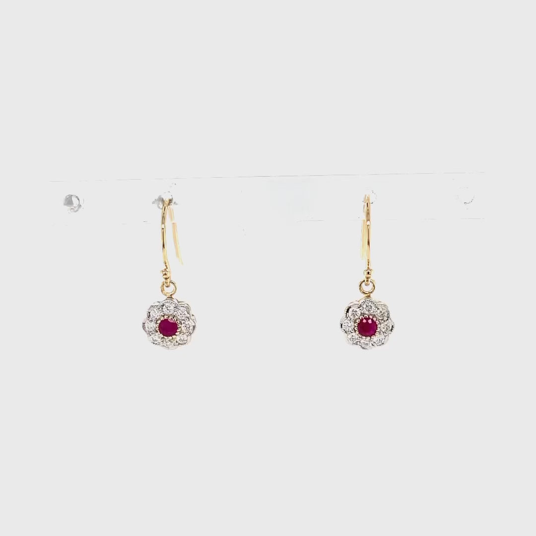 9ct yellow/white gold floral style natural ruby and natural diamond drop earrings video