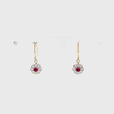 9ct yellow/white gold floral style natural ruby and natural diamond drop earrings video