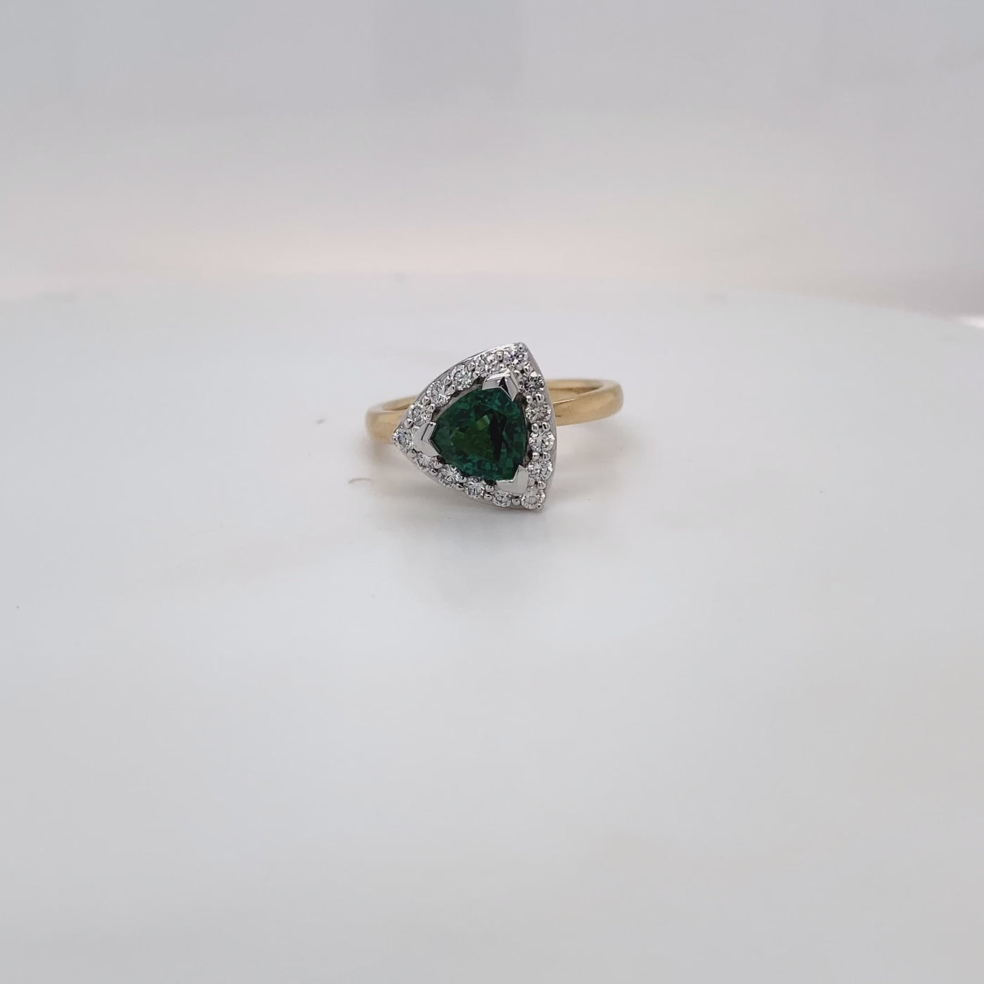 9ct White Gold/ Yellow Gold Blue Green Tourmaline with 0.45ct Diamond Halo Ring